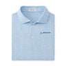 The Peter Millar Boeing Men’s First in Flight Performance Polo features a light blue, subtly patterned fabric, four-way stretch, three white buttons, and the Boeing logo embroidered in blue on the left chest. Brand: BOEING.