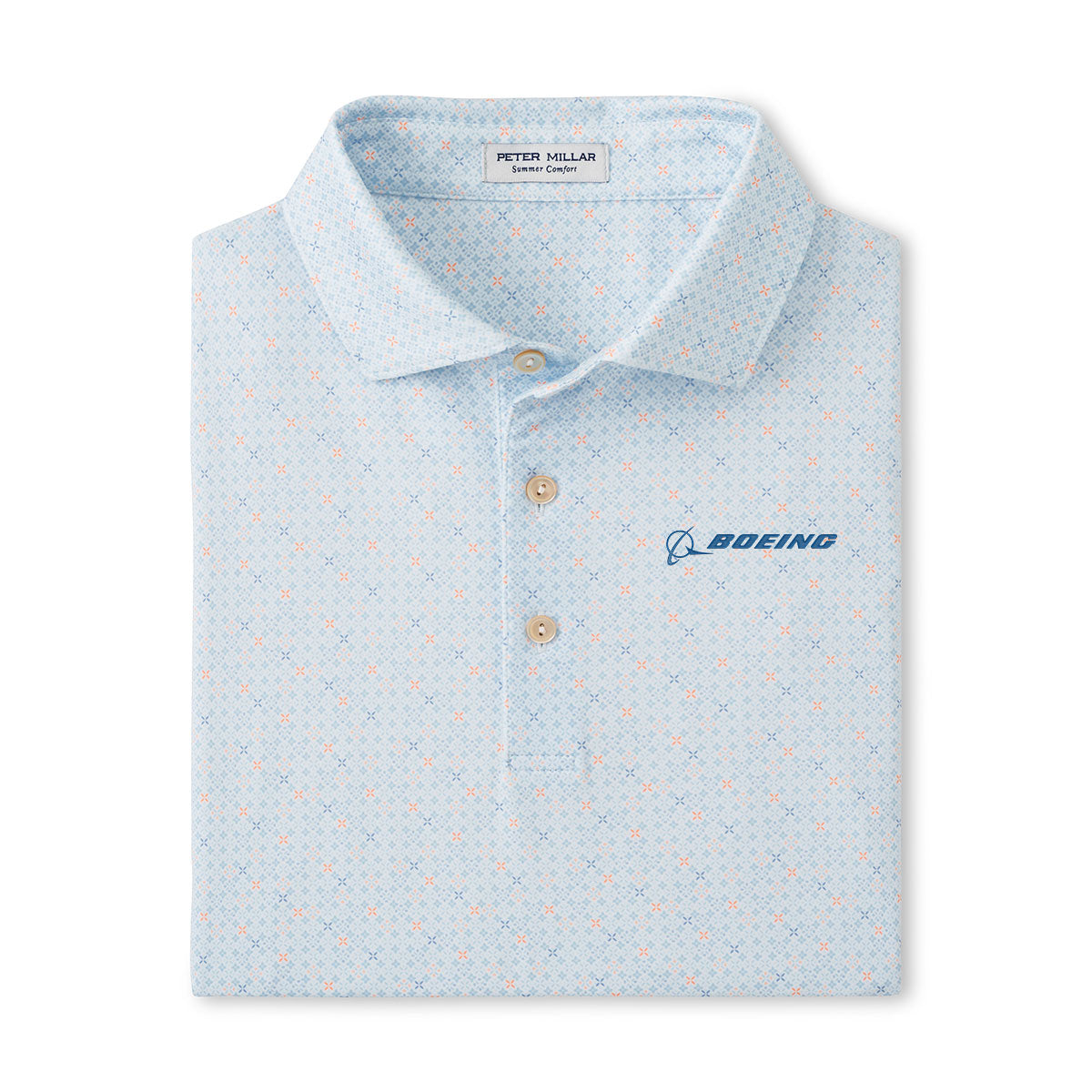 The Peter Millar Boeing Men’s Castellina Polo features Summer Comfort fabric, a subtle geometric pattern, three-button placket, and the Boeing logo embroidered in blue on the chest.