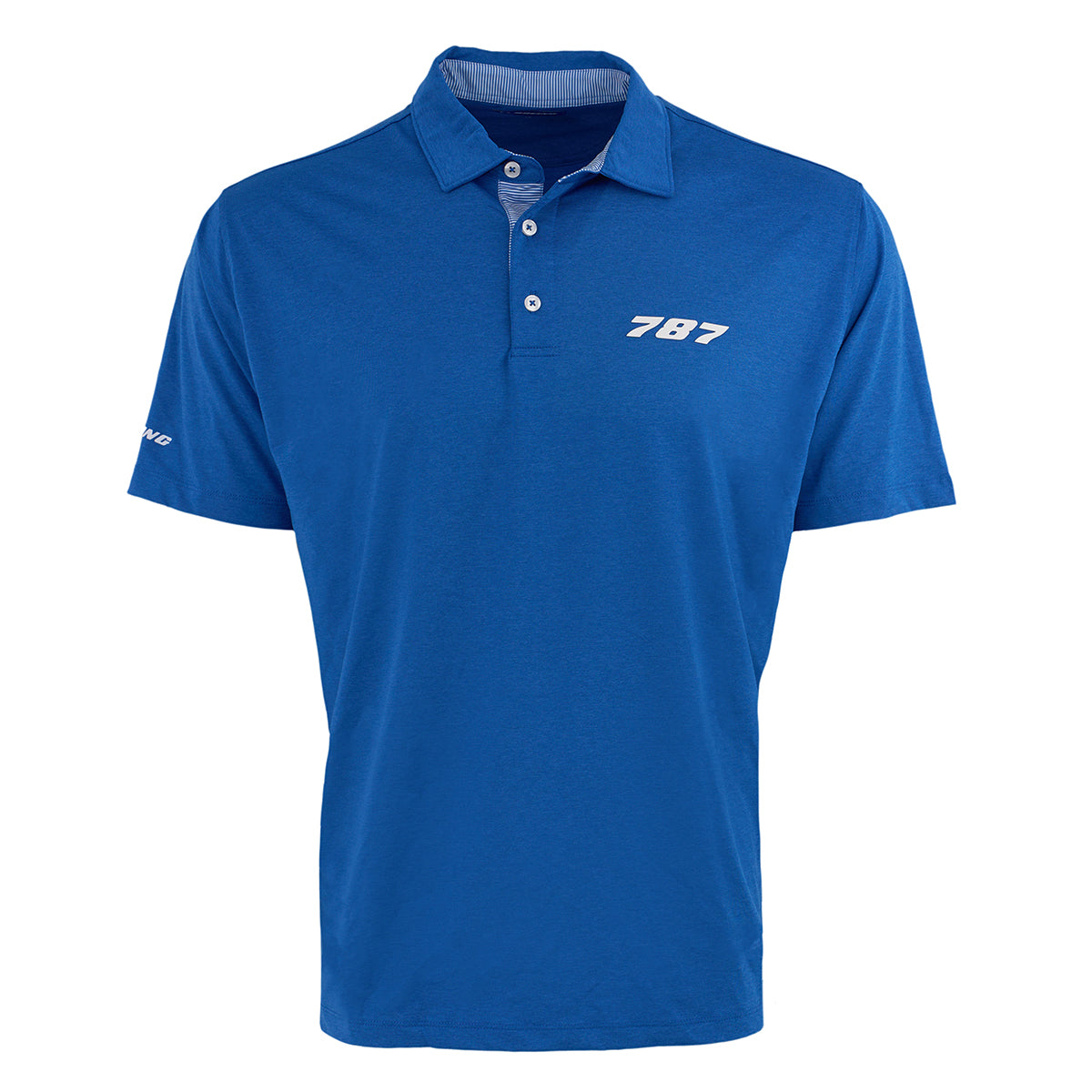 The Boeing 787 Dreamliner Series Men’s Polo by BOEING is a blue short-sleeve shirt with UPF 50, a collar, three white buttons, “787” in white on the left chest, and Boeing printed on the left sleeve.