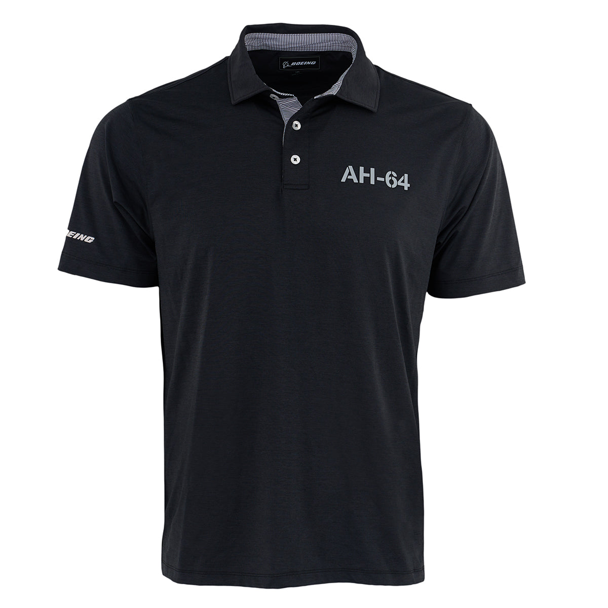 The Boeing AH-64 Apache Series Men’s Polo by BOEING is a black, collared shirt with three buttons, featuring AH-64 on the left chest and Boeing text on the sleeve, offering moisture-wicking comfort for all-day wear.