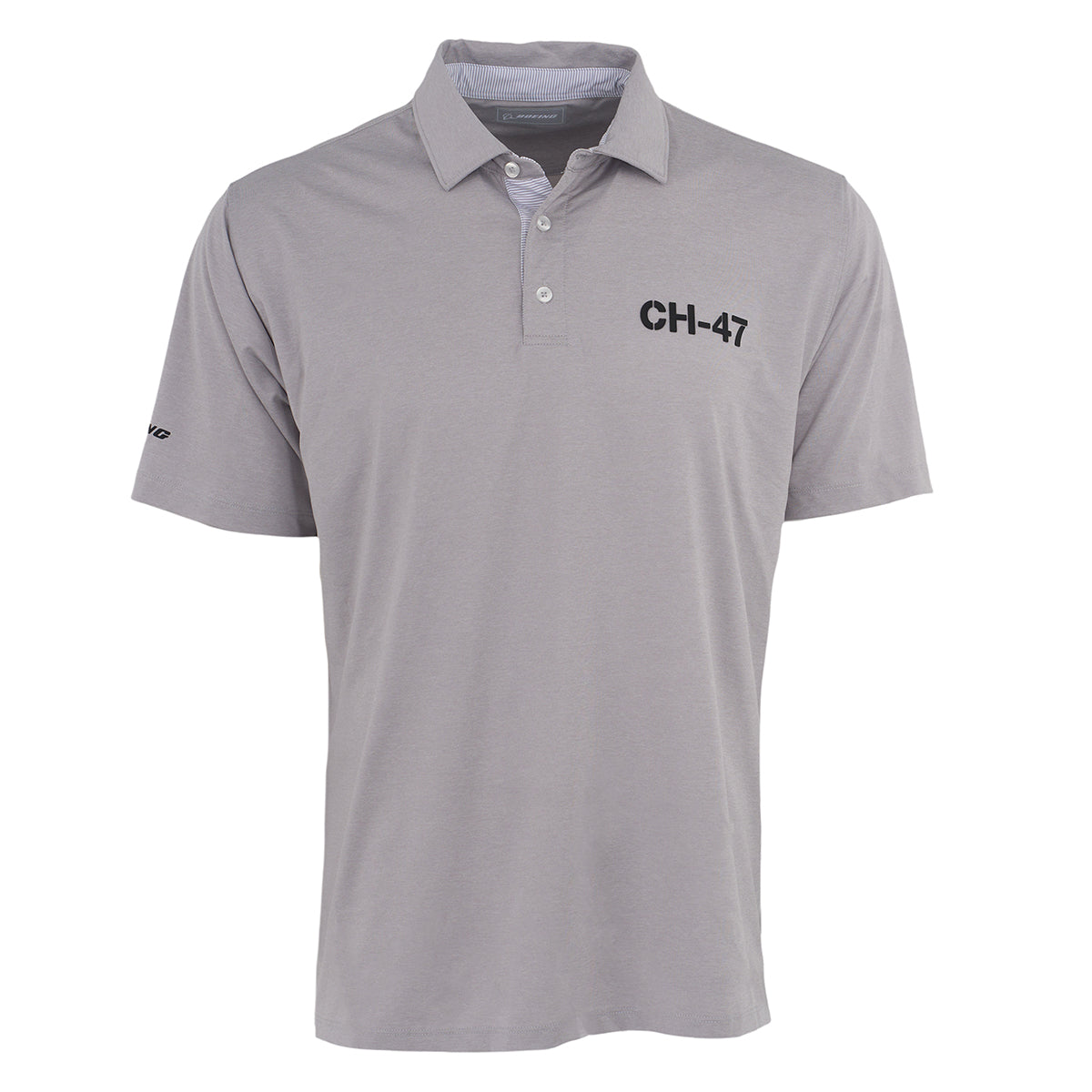 The Boeing CH-47 Chinook Series Men’s Polo by BOEING is a light gray short-sleeve polo with a collar, three buttons, CH-47 in black on the left chest, a small black logo on the sleeve, and moisture-wicking fabric for all-day comfort.