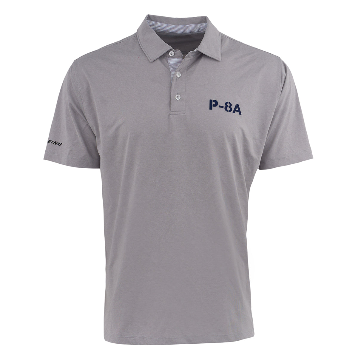 The BOEING P-8A Poseidon Series Men’s Polo is a light gray, short-sleeve shirt with a collar and three buttons, featuring dark blue P-8A on the left chest and Boeing on the sleeve. Moisture-wicking fabric keeps you cool.