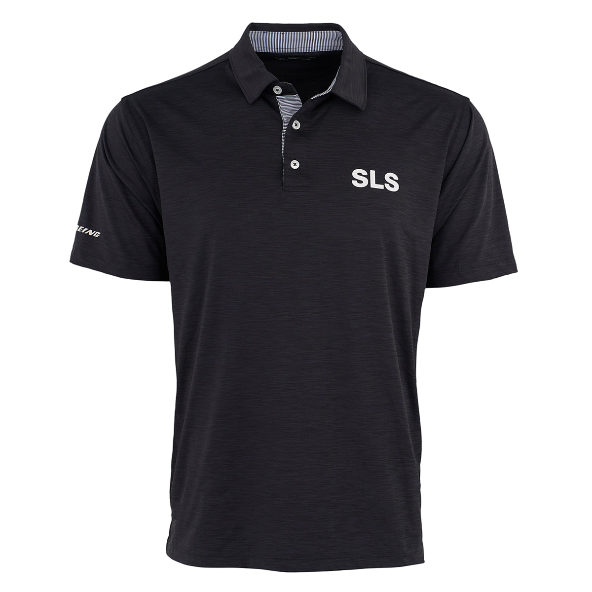 The Boeing Space Launch System Series Men’s Polo by BOEING is a black, short-sleeve shirt with UPF 50 sun protection, moisture-wicking fabric, a collar and three buttons. SLS is embroidered in white on the chest with a small logo on the sleeve.