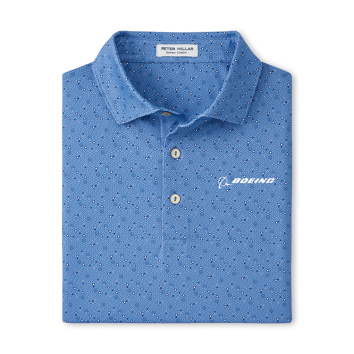 The Peter Millar Boeing Men’s Costanzo Geo Jersey Polo is a folded blue patterned performance polo with a collar, two buttons, and the Boeing logo in white on the left chest. Made from moisture wicking fabric. Brand: BOEING.