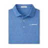 The Peter Millar Boeing Men’s Costanzo Geo Jersey Polo is a folded blue patterned performance polo with a collar, two buttons, and the Boeing logo in white on the left chest. Made from moisture wicking fabric. Brand: BOEING.