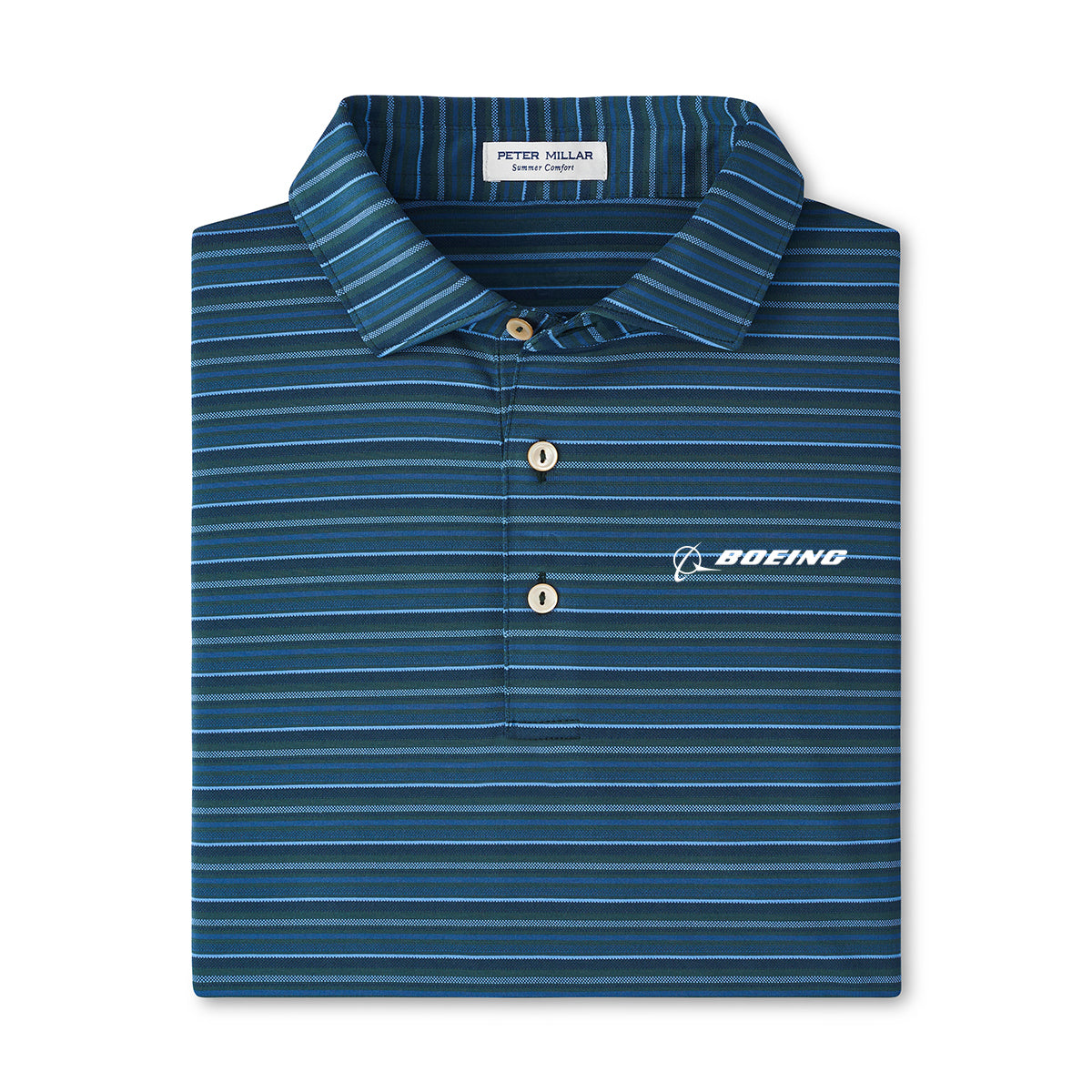 The Peter Millar Boeing Men’s Atrium Performance Jersey Polo features blue stripes, a collar, three buttons, UPF 50+ Summer Comfort fabric, and a white embroidered Boeing logo on the left chest. Inside tag reads Peter Millar.