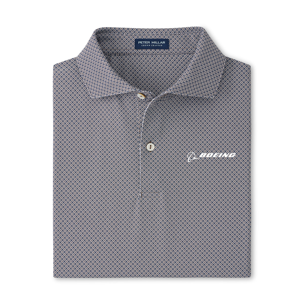 The Peter Millar Boeing Men’s Seville Performance Polo by BOEING features a collar, two buttons, the Boeing logo on the left chest, moisture-wicking comfort, and UPF 50+ sun protection.