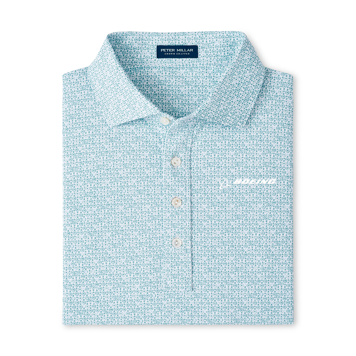 The Peter Millar Boeing Men’s Due North Performance Polo features light blue and white patterns, a collared three-button design, BOEING branding at the neck, subtle white chest embroidery, and moisture-wicking fabric for all-day comfort.