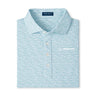 The Peter Millar Boeing Men’s Due North Performance Polo features light blue and white patterns, a collared three-button design, BOEING branding at the neck, subtle white chest embroidery, and moisture-wicking fabric for all-day comfort.