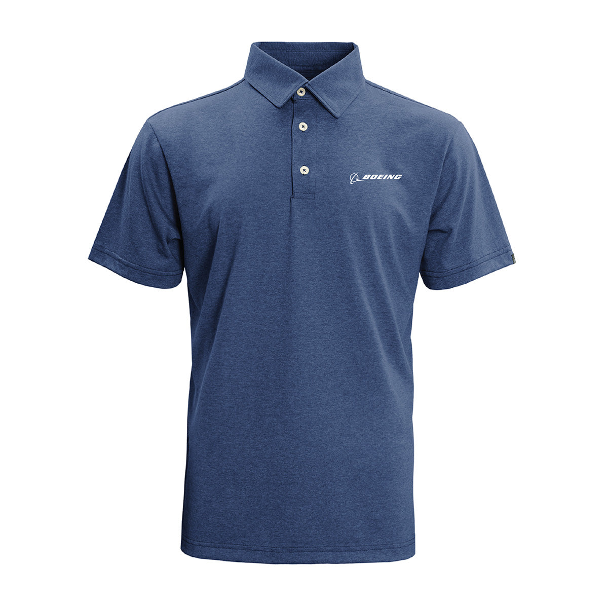The Boeing Signature Recover Mens Polo by BOEING is a blue, short-sleeve, eco-friendly shirt made from recycled materials, featuring three buttons, a collar, and the white Boeing logo on the left chest. Displayed on a plain white background.