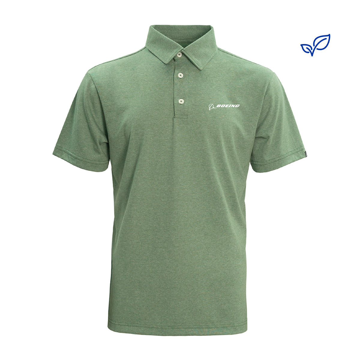 The Boeing Signature Recover Mens Polo by BOEING is a green, short-sleeve, eco-friendly shirt with a collar and three buttons, a small white Boeing logo on the left chest, and a blue leaf icon showing it’s made from recycled materials.