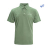 The Boeing Signature Recover Mens Polo by BOEING is a green, short-sleeve, eco-friendly shirt with a collar and three buttons, a small white Boeing logo on the left chest, and a blue leaf icon showing it’s made from recycled materials.