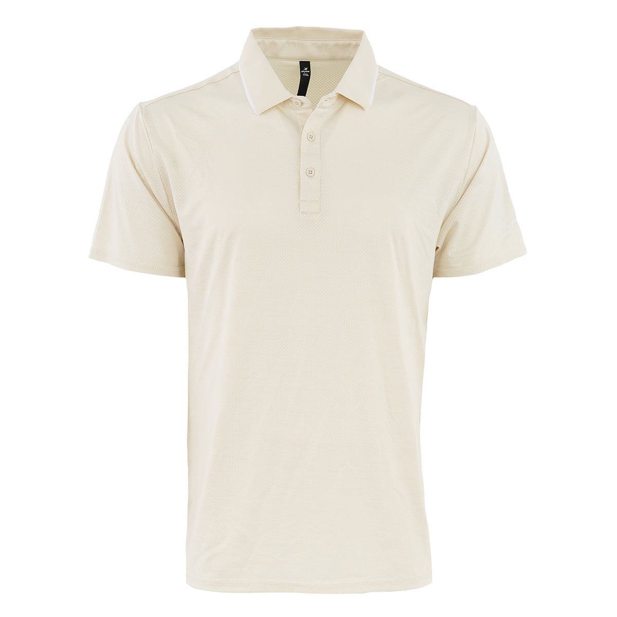 The Glyder Boeing Men’s Power Fade Polo by BOEING is a beige, short-sleeve collared shirt with a three-button placket, made from VENTFLEX fabric featuring micro-ventilation holes for breathability, shown on a white background.