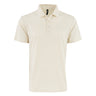 The Glyder Boeing Men’s Power Fade Polo by BOEING is a beige, short-sleeve collared shirt with a three-button placket, made from VENTFLEX fabric featuring micro-ventilation holes for breathability, shown on a white background.