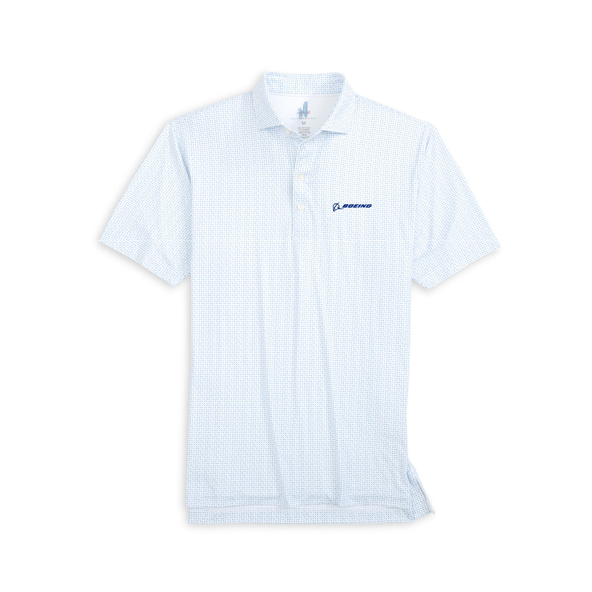 The johnnie-O Boeing Men’s Glidey Featherweight Performance Polo by BOEING features light blue, moisture-wicking fabric, short sleeves, a subtle geometric pattern, and the Boeing logo embroidered in blue on the left chest. Displayed on a white background.