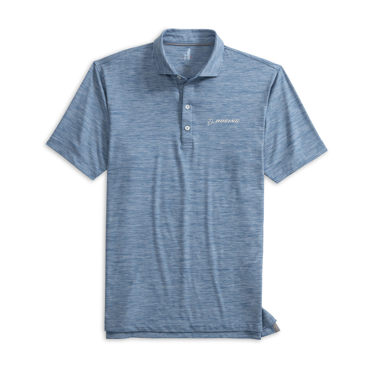 The johnnie-O Boeing Men’s Huronn Featherweight Performance Polo is a short-sleeved, light blue heathered golf shirt with a collar and three buttons, moisture-wicking fabric, and white embroidered BOEING name and logo on the left chest.