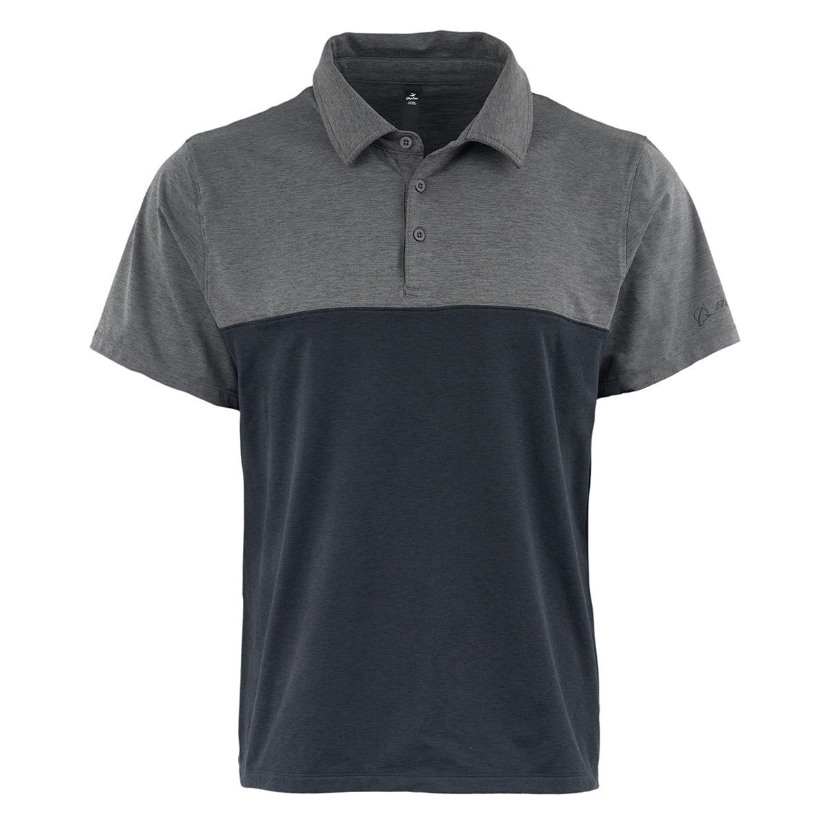 The Glyder Boeing Halfway Polo by BOEING is a modern athletic short-sleeve shirt in marbled jersey with a button-up collar and color-block design—gray on top, dark blue below.