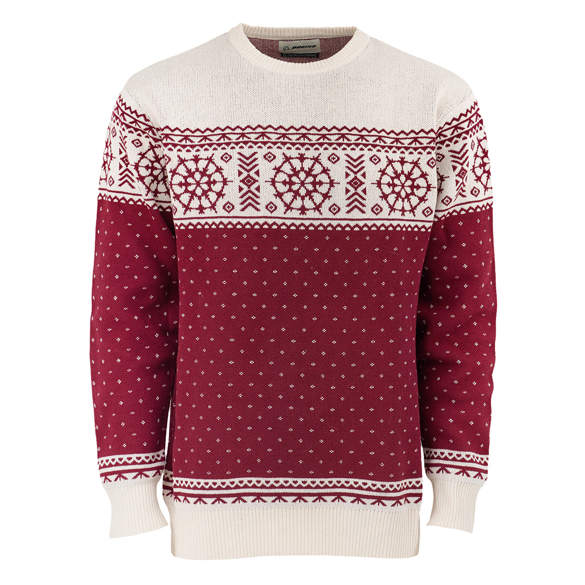 The Boeing 2025 Jet Snowflake Unisex Sweater by BOEING features red and white geometric snowflake patterns on the chest and sleeves, with small white dots below and white ribbed cuffs, collar, and hem.