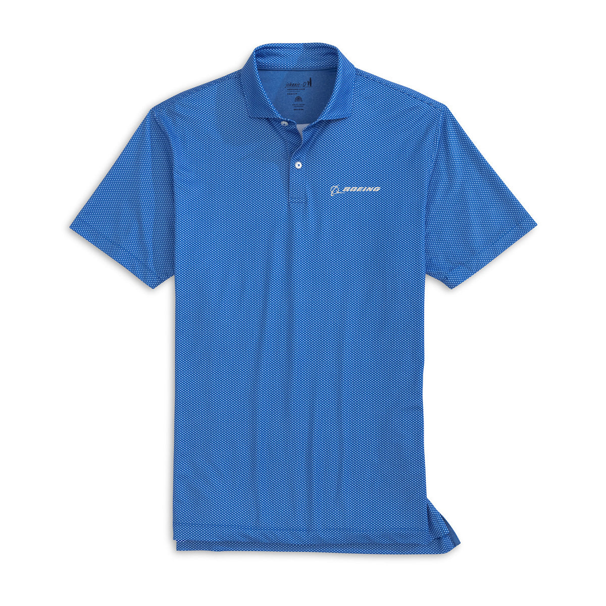 The johnnie-O Boeing Men’s Teo Performance Polo by BOEING is a blue short-sleeve shirt with a textured pattern, performance fabric, a collar, two buttons, and the white Boeing logo on the left chest.