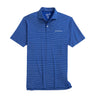 The johnnie-O Boeing Men’s Beau Performance Polo by BOEING features blue lightweight, short sleeves, thin white stripes, a three-button collar, and the embroidered Boeing logo on the left chest. Moisture-wicking fabric shown laid flat on white.
