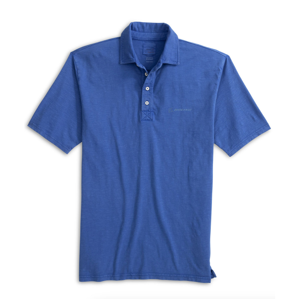 The johnnie-O Boeing Men’s Coastal Wash Polo by BOEING is a blue collared shirt with three-button placket, featuring subtle stitching details on the collar and near the buttons, pictured laid flat on a white background.