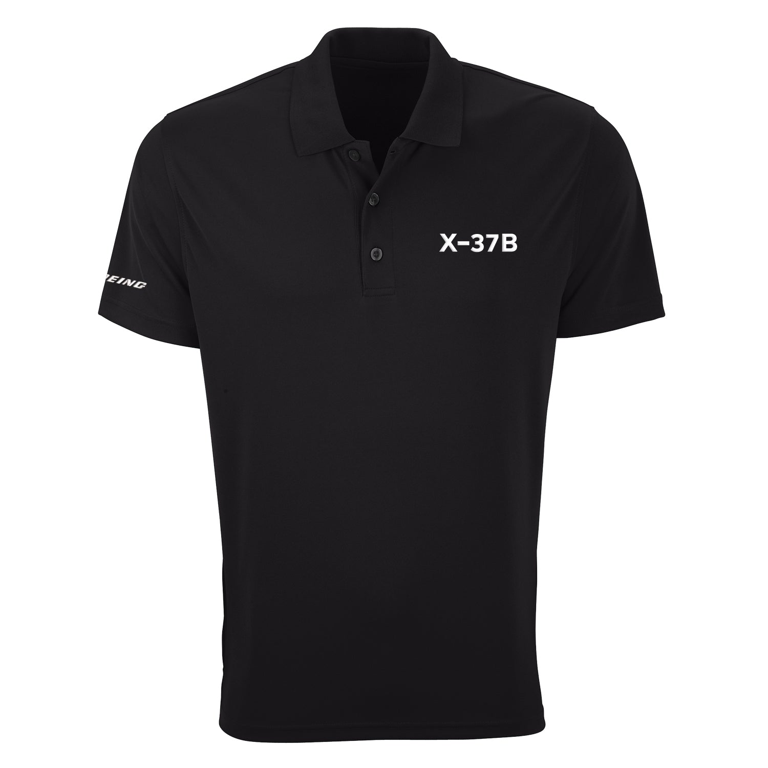The Boeing X-37B Men's Performance Polo is a black shirt featuring "X-37B" in white on the left chest and "BOEING" in small white text on the left sleeve.