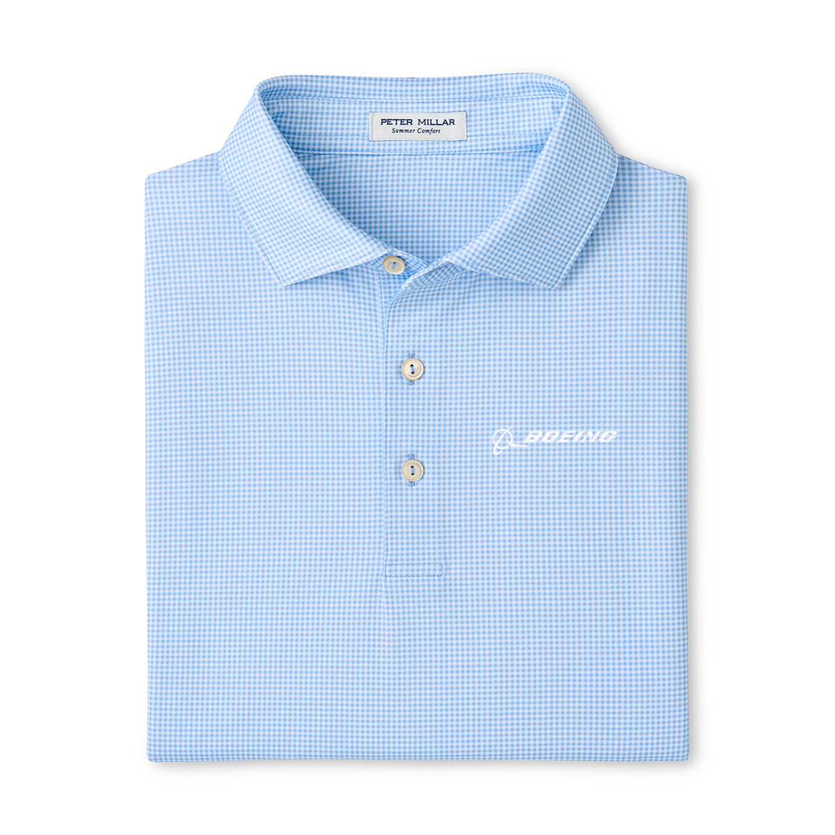 The Peter Millar Boeing Men’s Gingham Performance Polo features a light blue checkered design, three-button collar, moisture-wicking fabric, and a white Boeing logo on the chest.