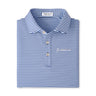 The Peter Millar Boeing Men’s Culver Performance Polo features blue and white stripes, short sleeves, three buttons, “BDRWC” embroidered on the left chest, moisture-wicking fabric for comfort, and a collar label reading “Peter Millar.”.