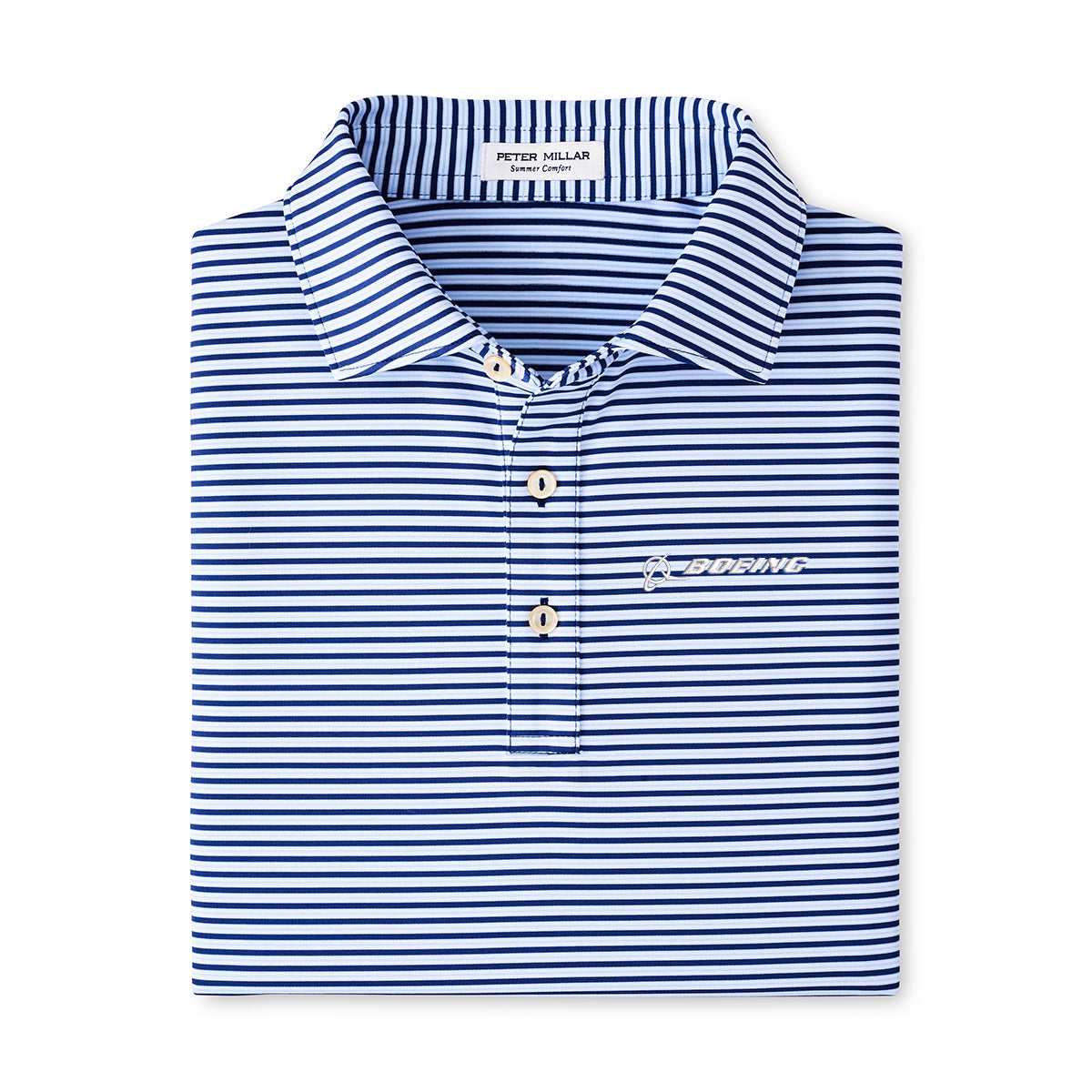 The Peter Millar Boeing Men’s Culver Performance Polo features blue and white stripes, short sleeves, three buttons, “BDRWC” embroidered on the left chest, moisture-wicking fabric for comfort, and a collar label reading “Peter Millar.”.