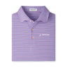 The Peter Millar Boeing Men’s Lenway Performance Polo features blue, white, and red stripes, a collar with three buttons, the Boeing logo on the left chest, and UPF 50+ Summer Comfort fabric—perfect for sunny days.