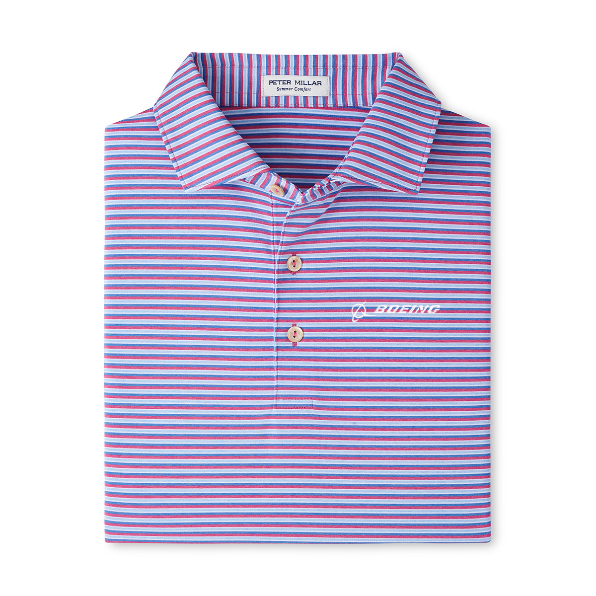 The Peter Millar Boeing Men’s Lenway Performance Polo features blue, white, and red stripes, a collar with three buttons, the Boeing logo on the left chest, and UPF 50+ Summer Comfort fabric—perfect for sunny days.