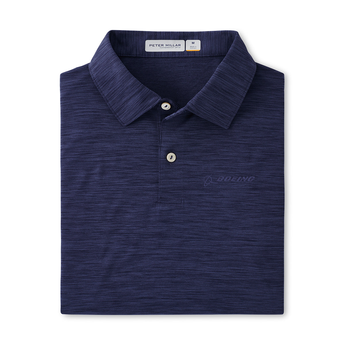 The Peter Millar Boeing Men’s Featherweight Mélange Polo is an ultra-light navy shirt with a collar, two buttons, and a subtle Boeing logo embroidered on the left chest. Features a Peter Millar label inside the collar.
