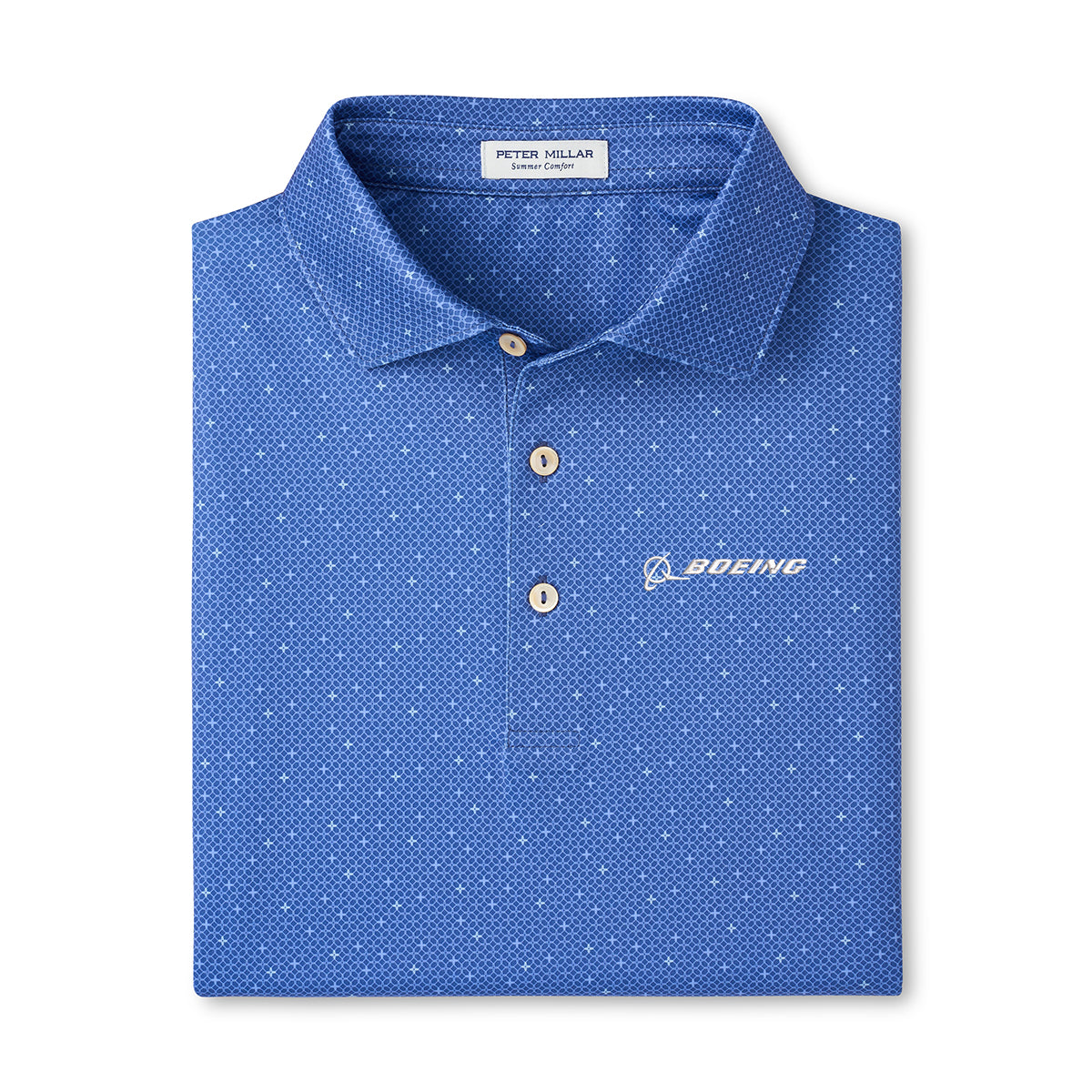 The Peter Millar Boeing Men’s Barrier Performance Polo is a blue, geometric-patterned shirt with beige buttons and a white Boeing logo, offering moisture wicking and UPF 50+ sun protection.