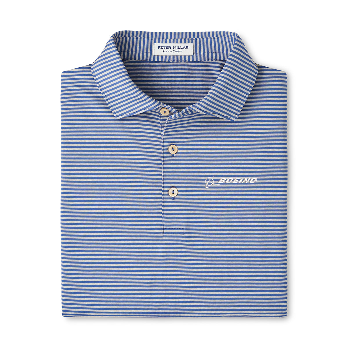 The Peter Millar Boeing Men’s Hales Performance Polo features blue and white stripes, a three-button collar, the BOSNC logo on the left chest, and moisture-wicking fabric for all-day comfort. Inside collar label reads Peter Millar.