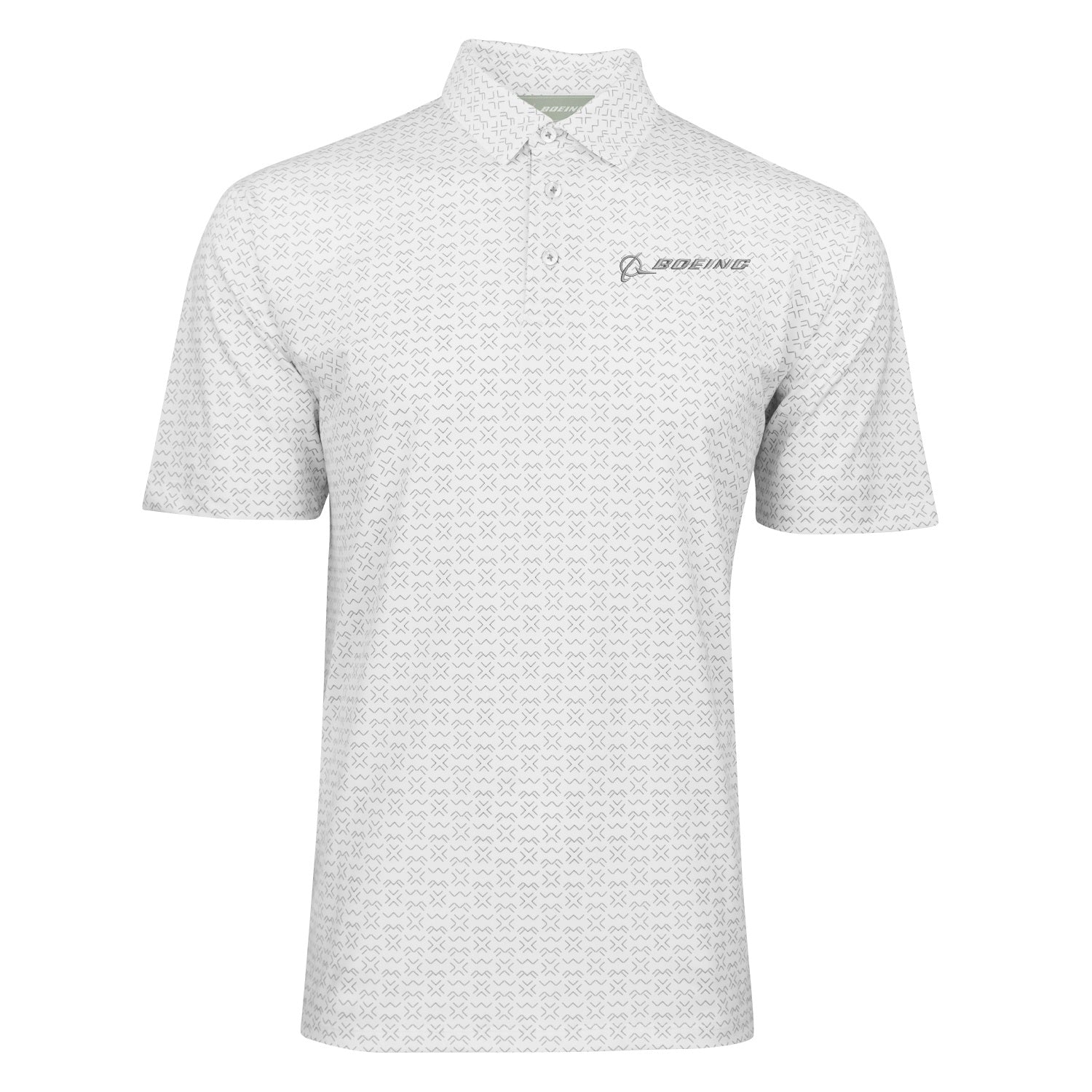 The Boeing Men's Signature Pro Crossroads Polo by BOEING is a white, short-sleeved moisture-wicking shirt with a subtle geometric pattern, button-up collar, and an embroidered dark gray Boeing logo on the left chest.