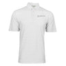 The Boeing Men's Signature Logo Pro Crossroads Polo by BOEING is a white, moisture-wicking shirt with a subtle geometric pattern and an embroidered Boeing logo on the left chest. It features a classic collar and three-button placket for all-day comfort.