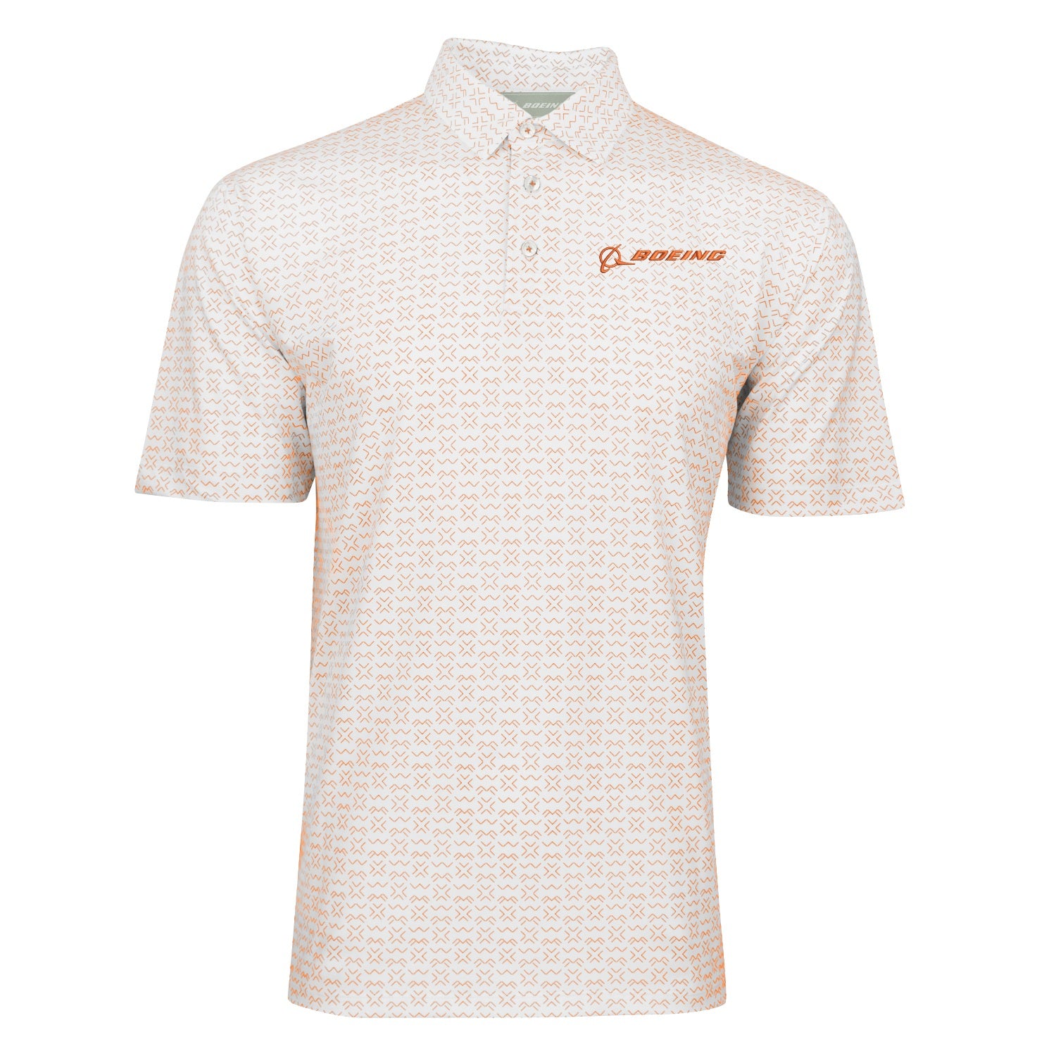 The Boeing Men's Signature Pro Crossroads Polo by BOEING features short sleeves, a collared, button-up neckline, moisture-wicking white fabric with a subtle geometric sublimation print, and an orange Boeing logo on the left chest.