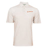 The Boeing Men's Signature Logo Pro Crossroads Polo by BOEING features short sleeves, a light sublimation print with an orange geometric pattern, a collar with three buttons, and the Boeing logo in orange on the left chest for standout style and comfort.