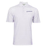 The Boeing Men's Signature Logo Pro Crossroads Polo by BOEING is a white, moisture-wicking shirt with a subtle geometric pattern and the Boeing logo and name on the left chest.