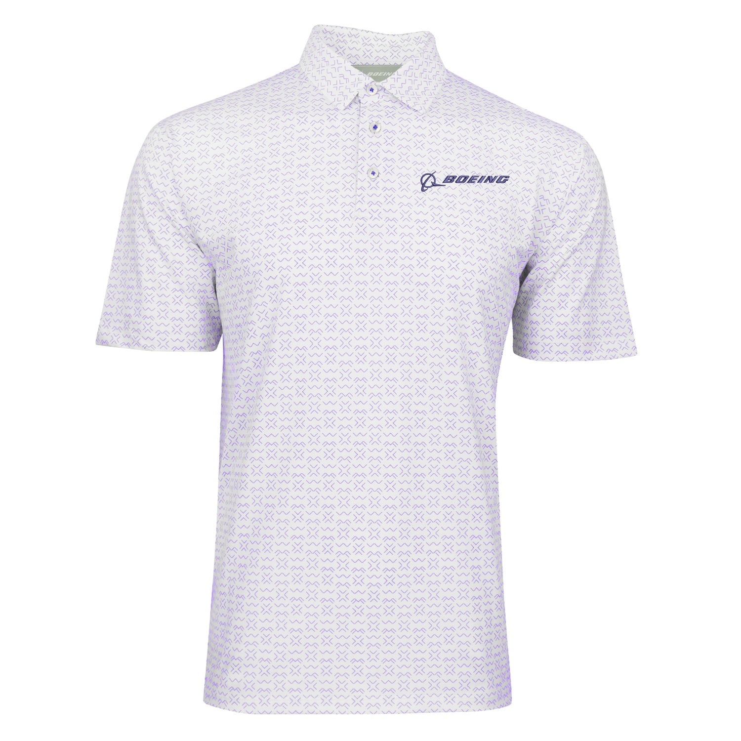 The Boeing Men's Signature Logo Pro Crossroads Polo by BOEING is a white, moisture-wicking shirt with a subtle geometric pattern and the Boeing logo and name on the left chest.