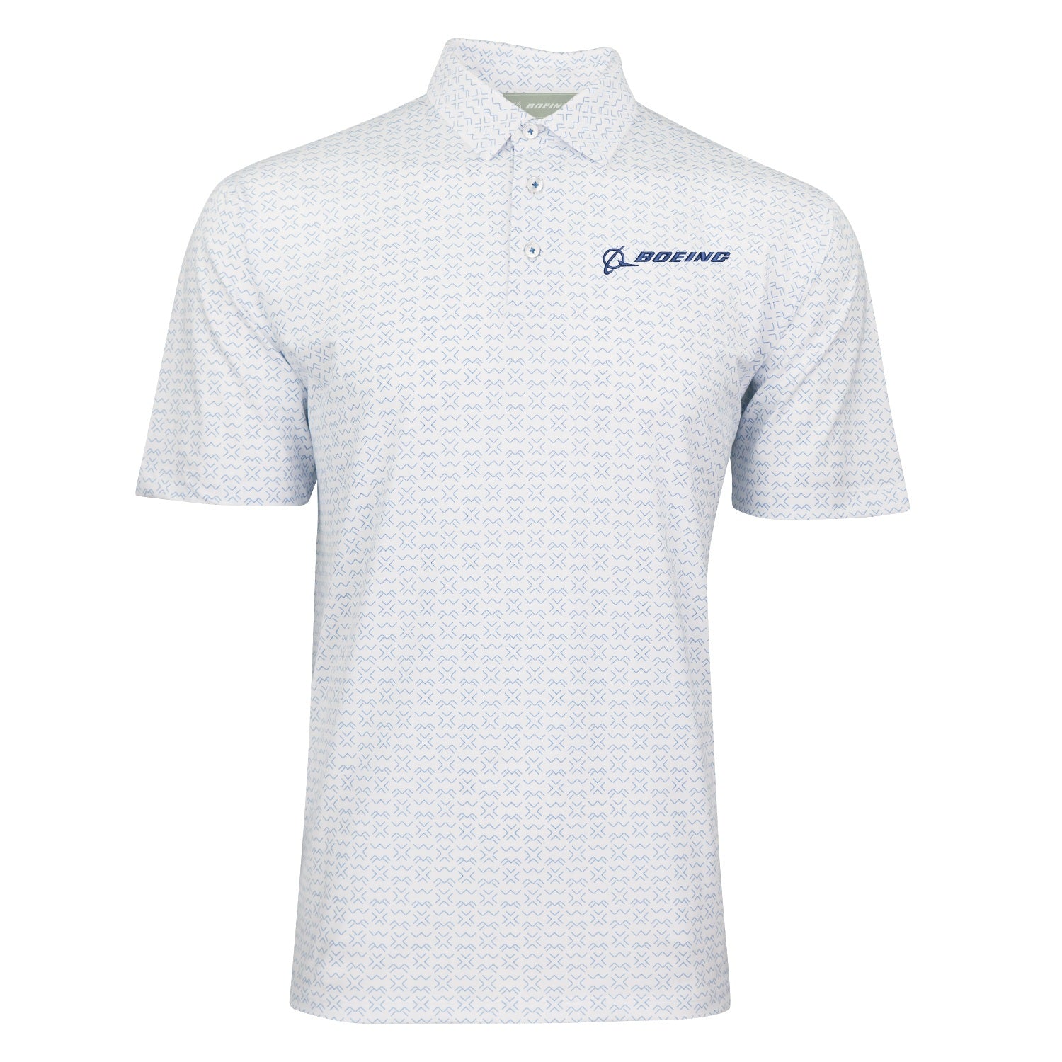 The Boeing Men's Signature Logo Pro Crossroads Polo by BOEING features light blue and white moisture-wicking fabric, a subtle geometric pattern, navy embroidered Boeing logo on the left chest, classic collar, and a three-button placket for all-day comfort.