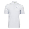 The Boeing Men's Signature Logo Pro Crossroads Polo by BOEING features light blue and white moisture-wicking fabric, a subtle geometric pattern, navy embroidered Boeing logo on the left chest, classic collar, and a three-button placket for all-day comfort.