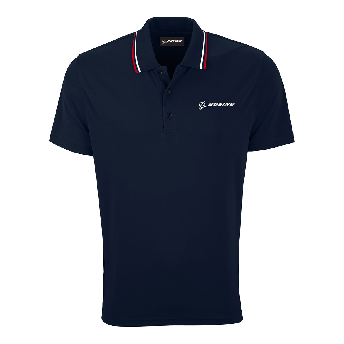 The Boeing Americana Men’s Performance Polo by BOEING features a navy blue design, white Boeing logo on the left chest, red/white/navy collar stripes, and moisture-wicking fabric for all-day comfort.