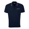 The Boeing Americana Men’s Performance Polo by BOEING features a navy blue design, white Boeing logo on the left chest, red/white/navy collar stripes, and moisture-wicking fabric for all-day comfort.
