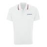 The Boeing Americana Men’s Performance Polo by BOEING has white short sleeves, a red and navy striped collar, and a blue Boeing logo on the left chest. Its moisture-wicking fabric ensures all-day comfort.