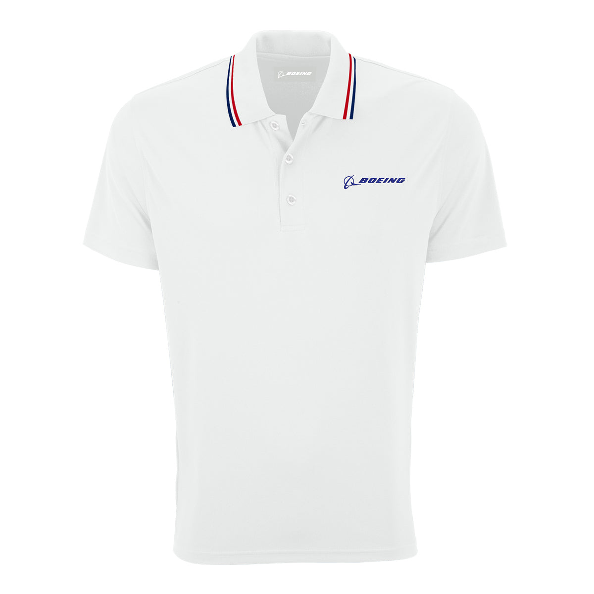 The Boeing Americana Men’s Performance Polo by BOEING has white short sleeves, a red and navy striped collar, and a blue Boeing logo on the left chest. Its moisture-wicking fabric ensures all-day comfort.