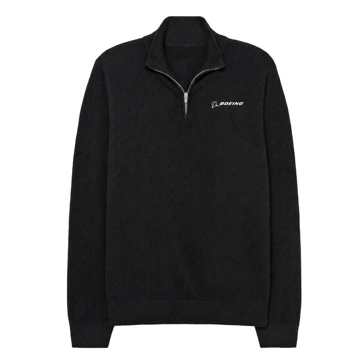 The Boeing Signature Men’s Cashmere Quarter-Zip by BOEING, shown in black and featuring a small white Boeing logo on the left chest, is laid flat on a white background.