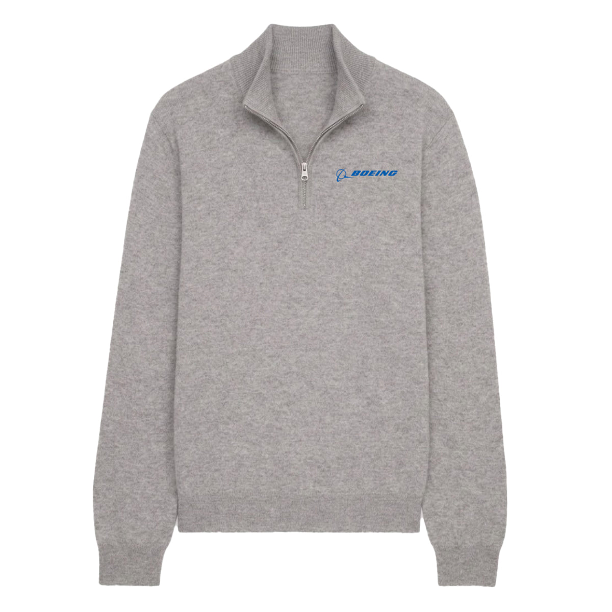 The Boeing Signature Men’s Cashmere Quarter-Zip by BOEING is a premium gray sweater featuring long sleeves and a blue Boeing logo on the left chest, shown against a plain white background.