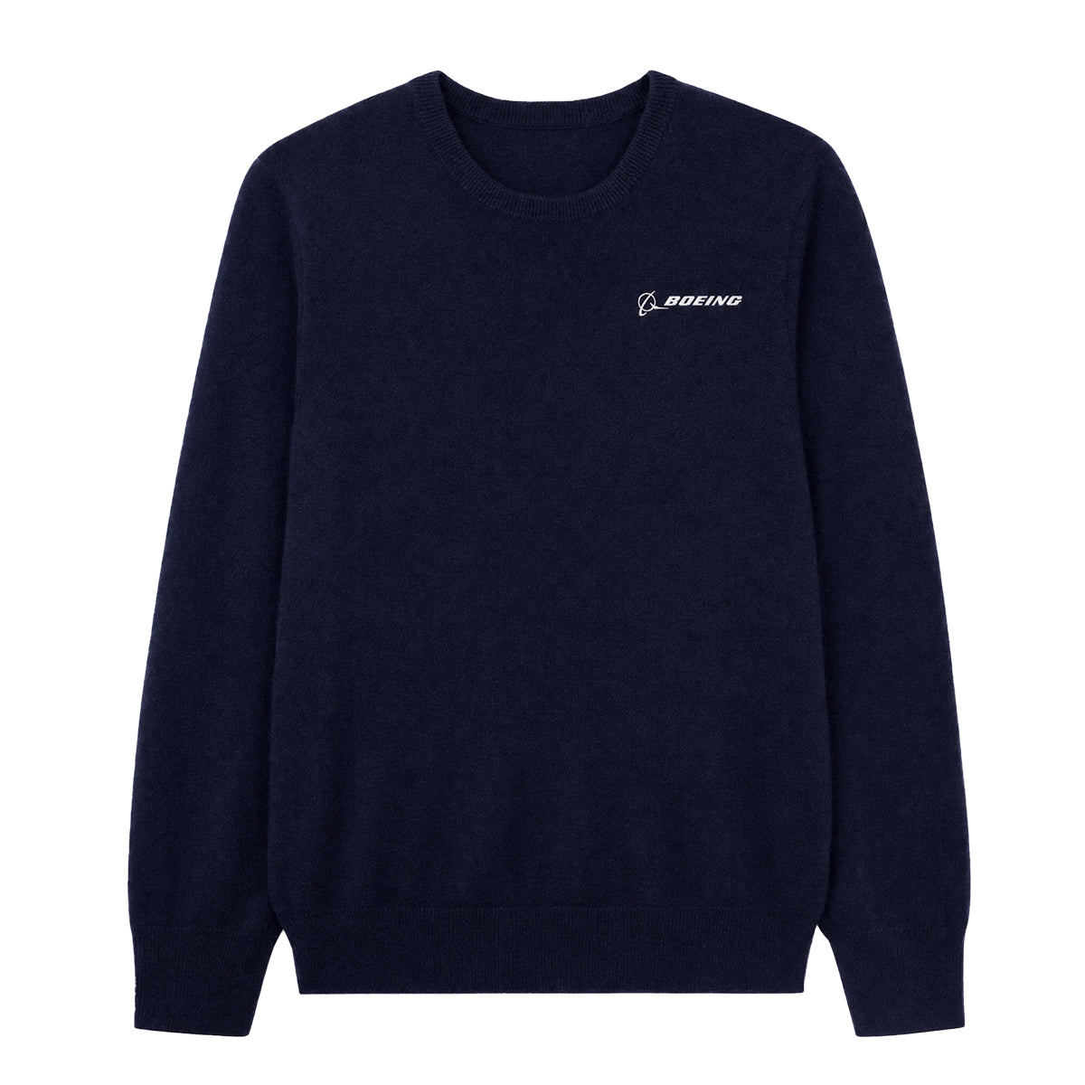 Introducing the Boeing Signature Men’s Cashmere Sweater by BOEING—a navy blue crewneck crafted from premium cashmere, featuring the white Boeing logo on the left chest. Designed with long sleeves and finished with ribbed cuffs and hem, this sweater offers a classic, comfortable fit.