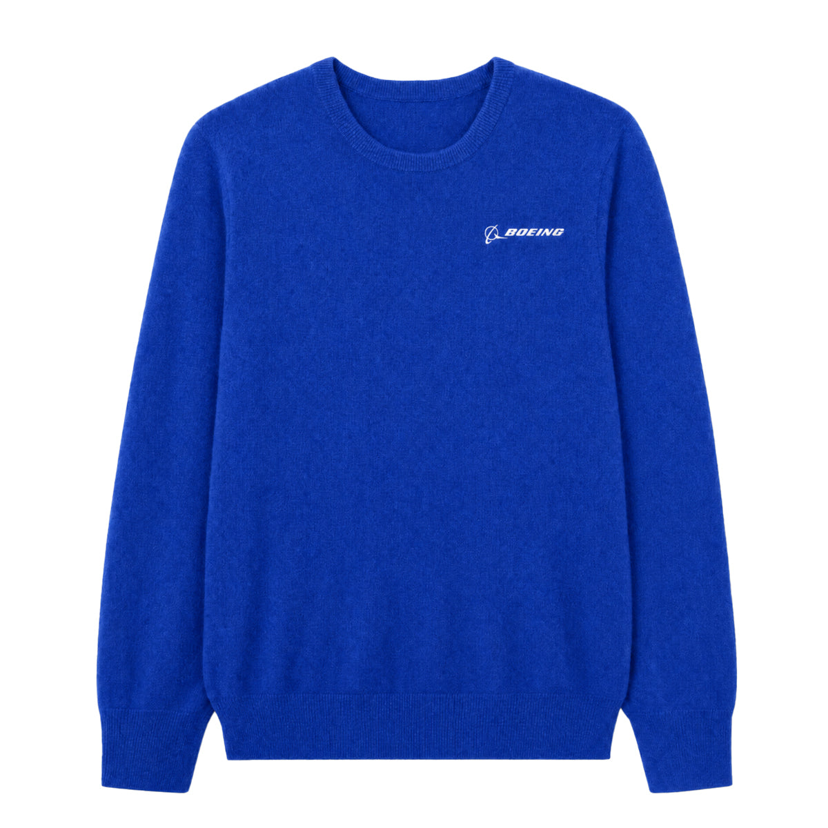 Elevate your wardrobe with the Boeing Signature Men’s Cashmere Sweater by BOEING, a premium bright blue long-sleeve crew neck piece featuring a subtle white Boeing logo on the left chest.
